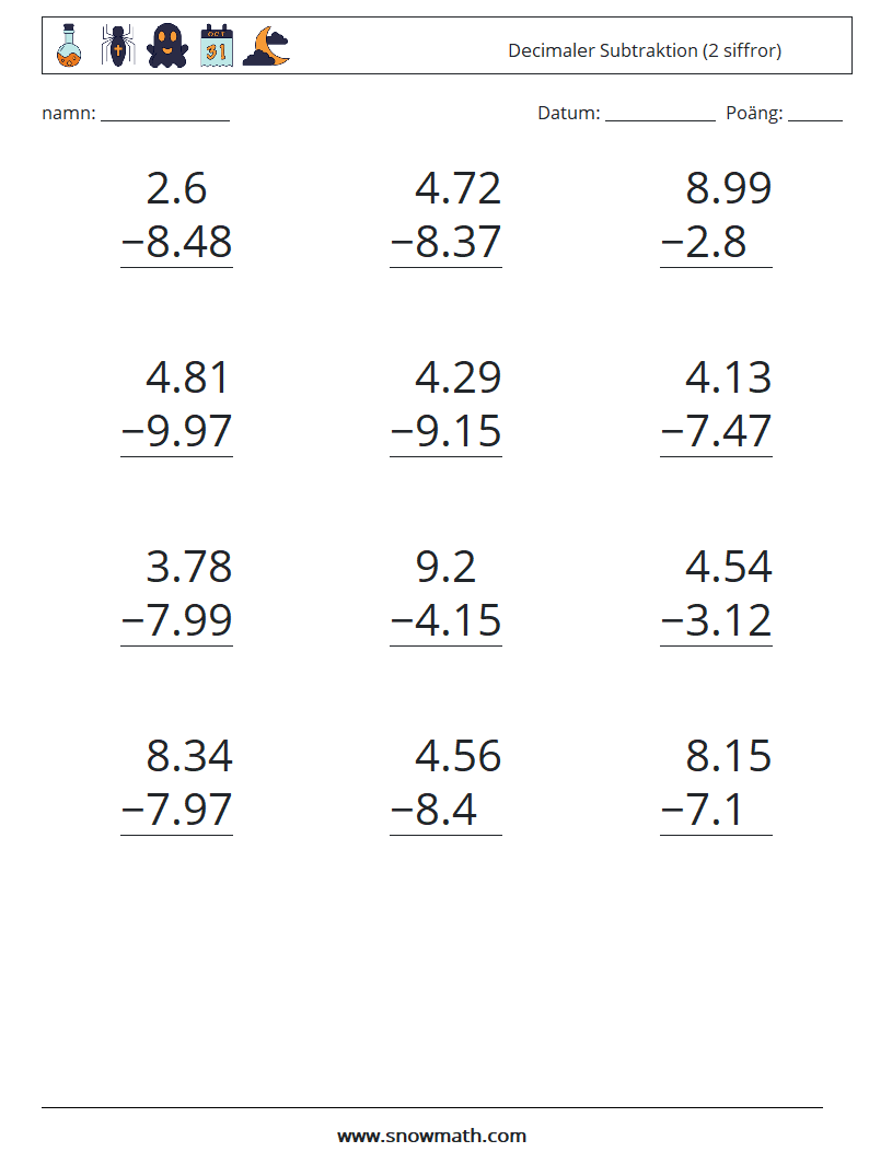 (12) Decimaler Subtraktion (2 siffror) Matematiska arbetsblad 15