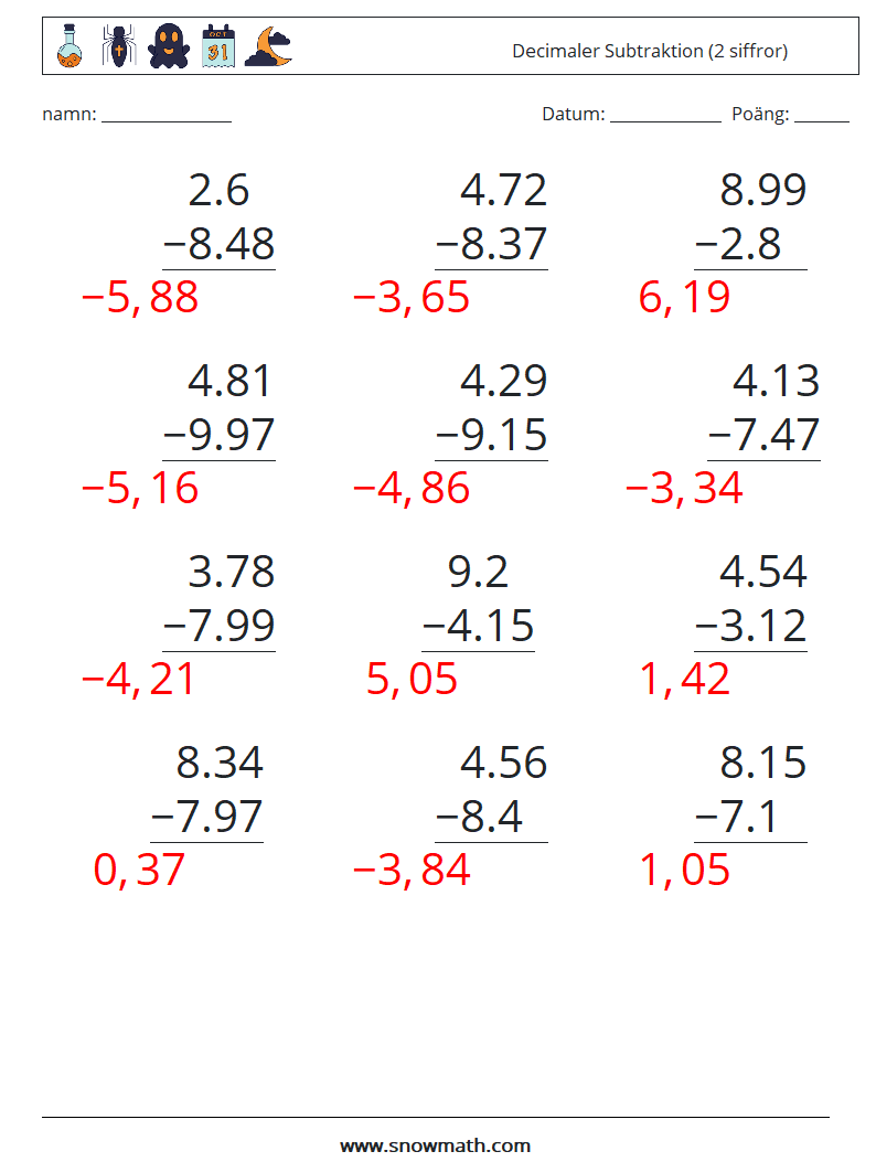 (12) Decimaler Subtraktion (2 siffror) Matematiska arbetsblad 15 Fråga, svar