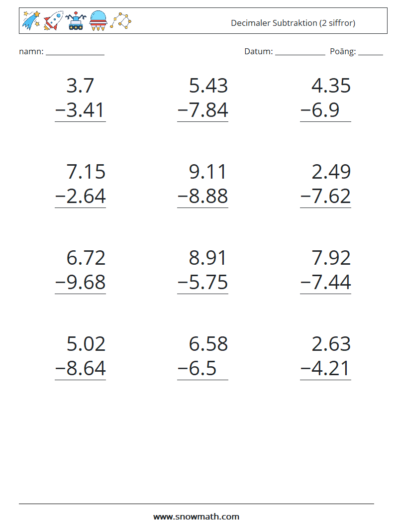 (12) Decimaler Subtraktion (2 siffror) Matematiska arbetsblad 16