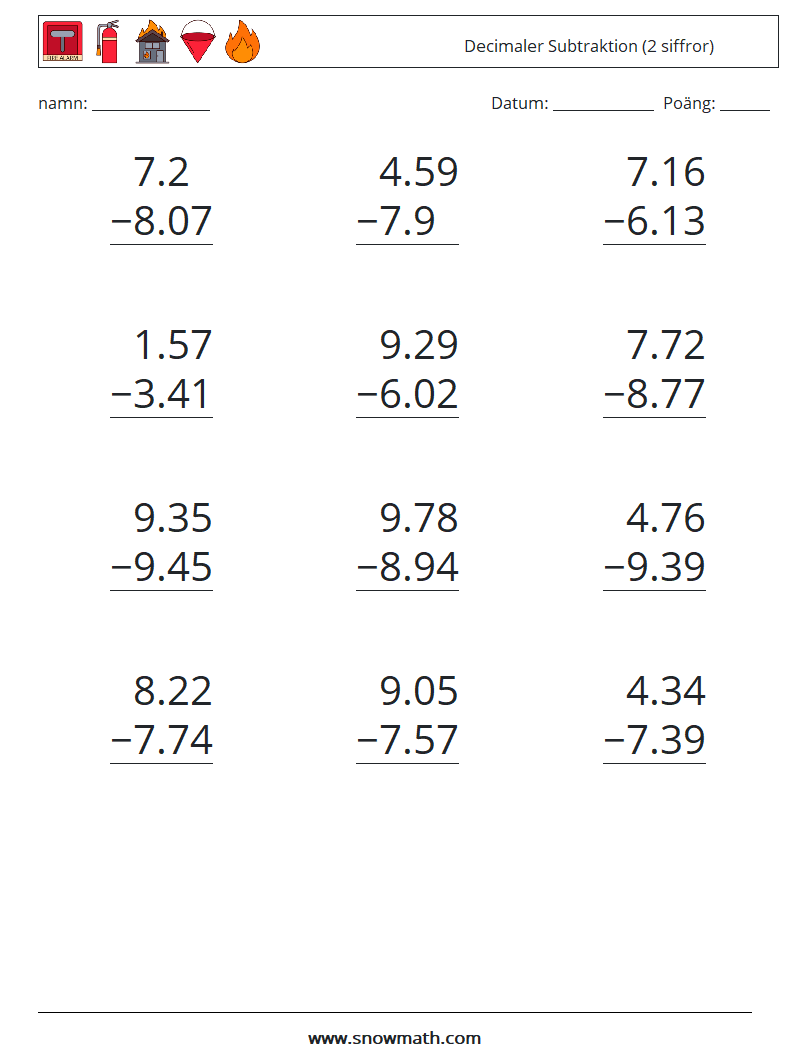 (12) Decimaler Subtraktion (2 siffror) Matematiska arbetsblad 18