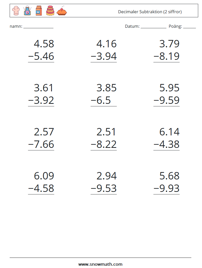 (12) Decimaler Subtraktion (2 siffror) Matematiska arbetsblad 2