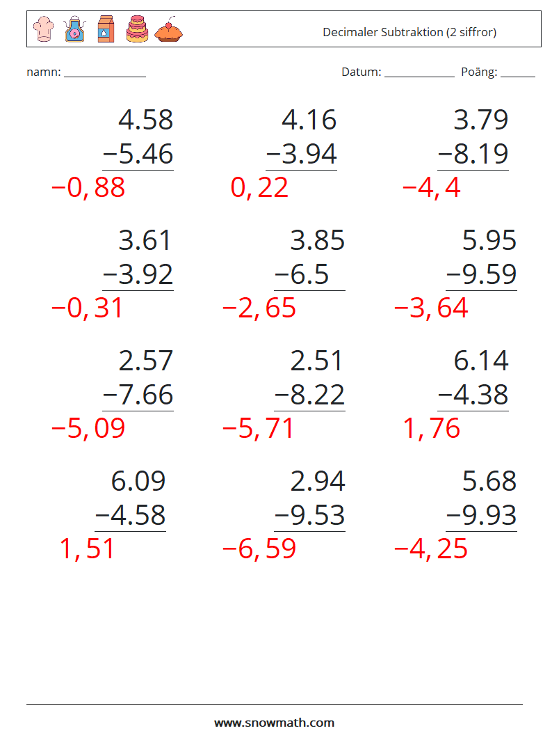 (12) Decimaler Subtraktion (2 siffror) Matematiska arbetsblad 2 Fråga, svar