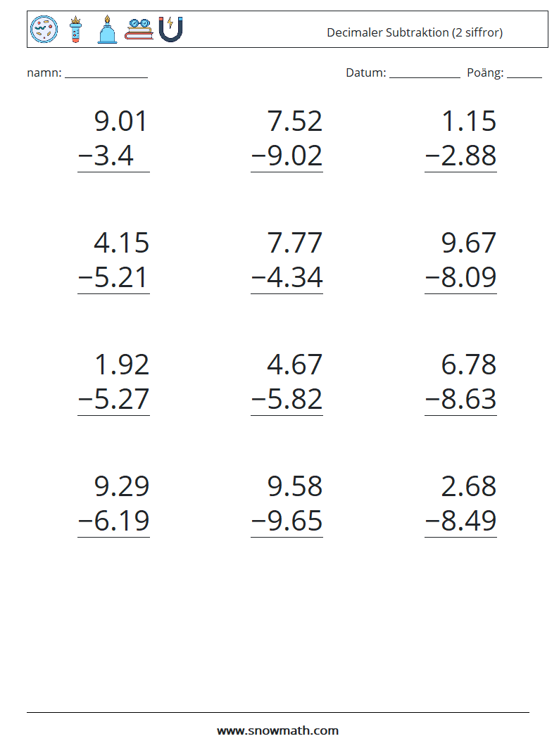 (12) Decimaler Subtraktion (2 siffror) Matematiska arbetsblad 3