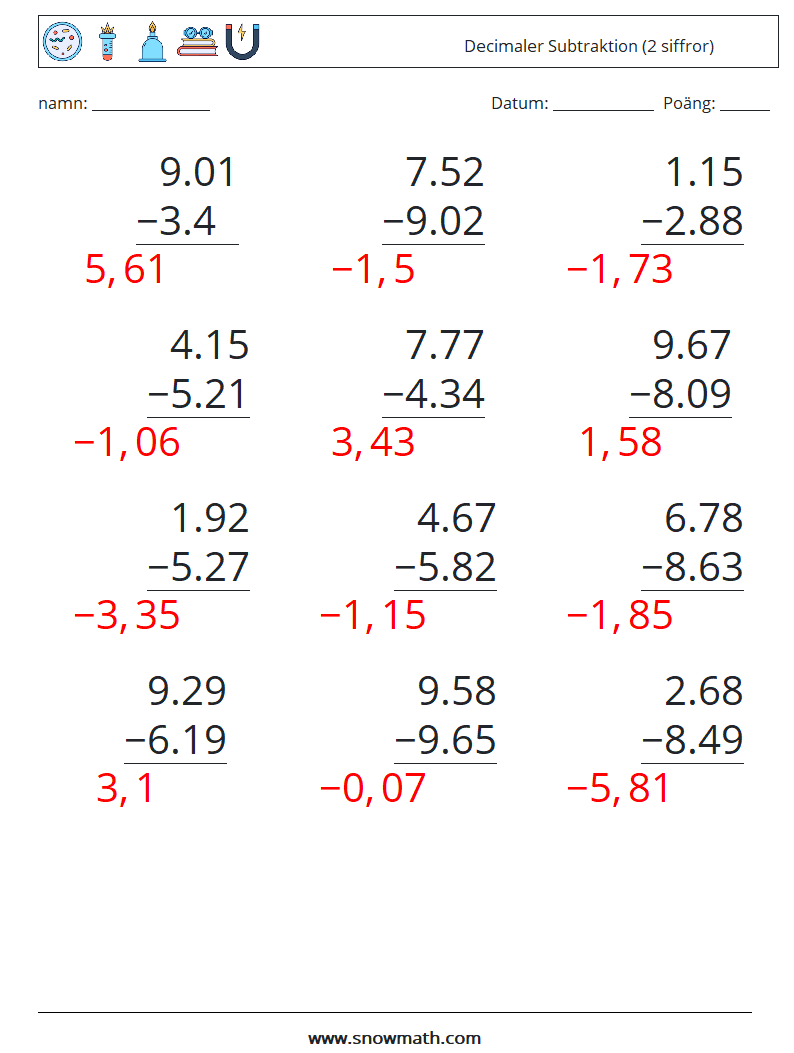 (12) Decimaler Subtraktion (2 siffror) Matematiska arbetsblad 3 Fråga, svar