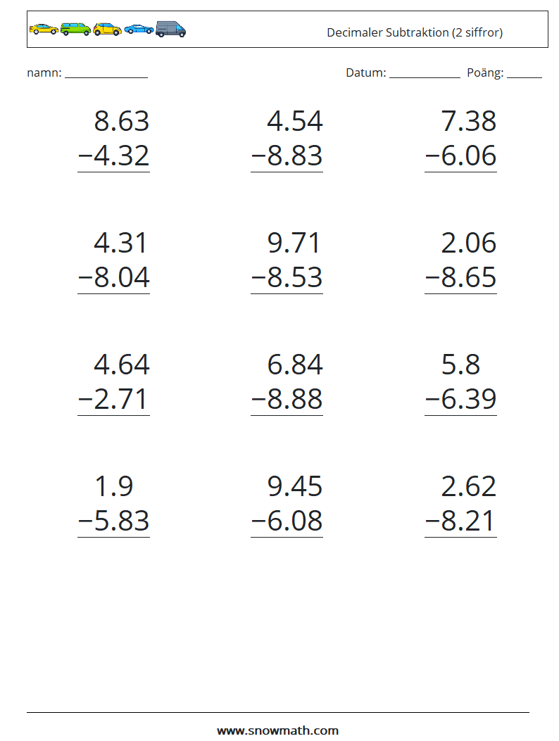 (12) Decimaler Subtraktion (2 siffror) Matematiska arbetsblad 4