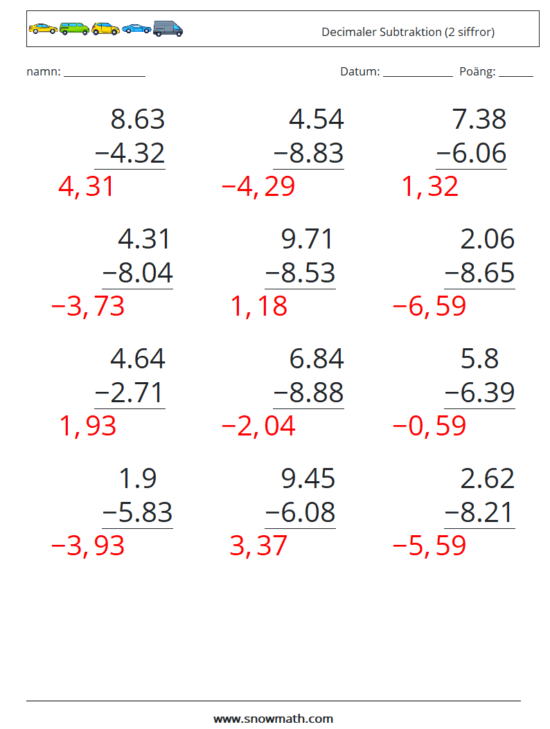 (12) Decimaler Subtraktion (2 siffror) Matematiska arbetsblad 4 Fråga, svar