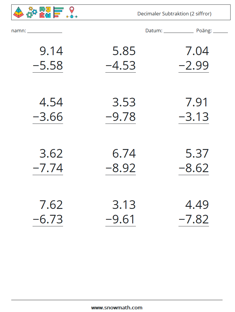 (12) Decimaler Subtraktion (2 siffror) Matematiska arbetsblad 5