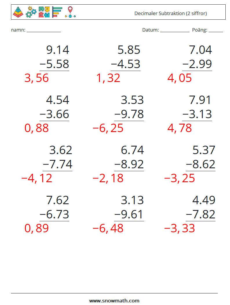 (12) Decimaler Subtraktion (2 siffror) Matematiska arbetsblad 5 Fråga, svar