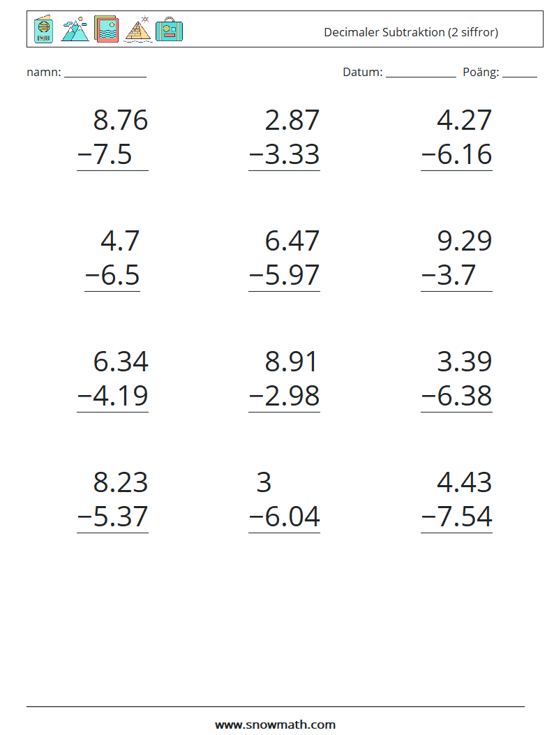 (12) Decimaler Subtraktion (2 siffror) Matematiska arbetsblad 6