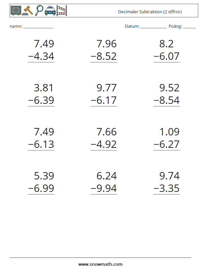 (12) Decimaler Subtraktion (2 siffror) Matematiska arbetsblad 7