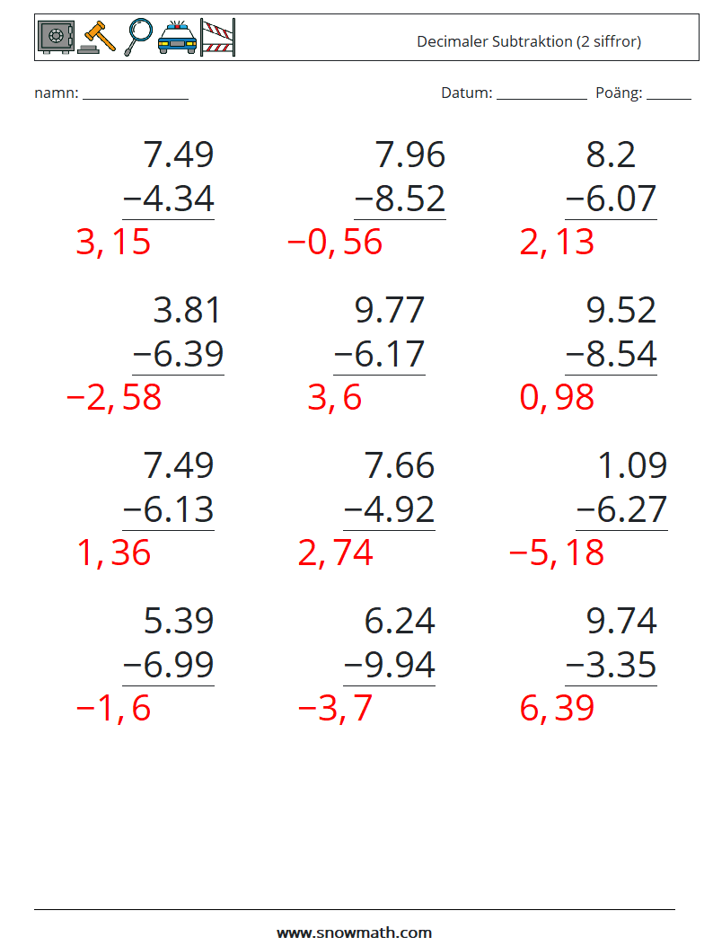 (12) Decimaler Subtraktion (2 siffror) Matematiska arbetsblad 7 Fråga, svar