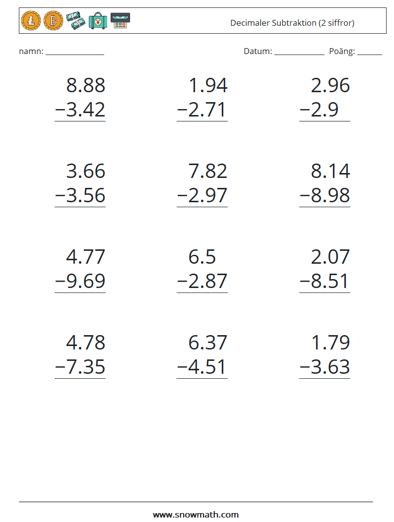 (12) Decimaler Subtraktion (2 siffror) Matematiska arbetsblad 8