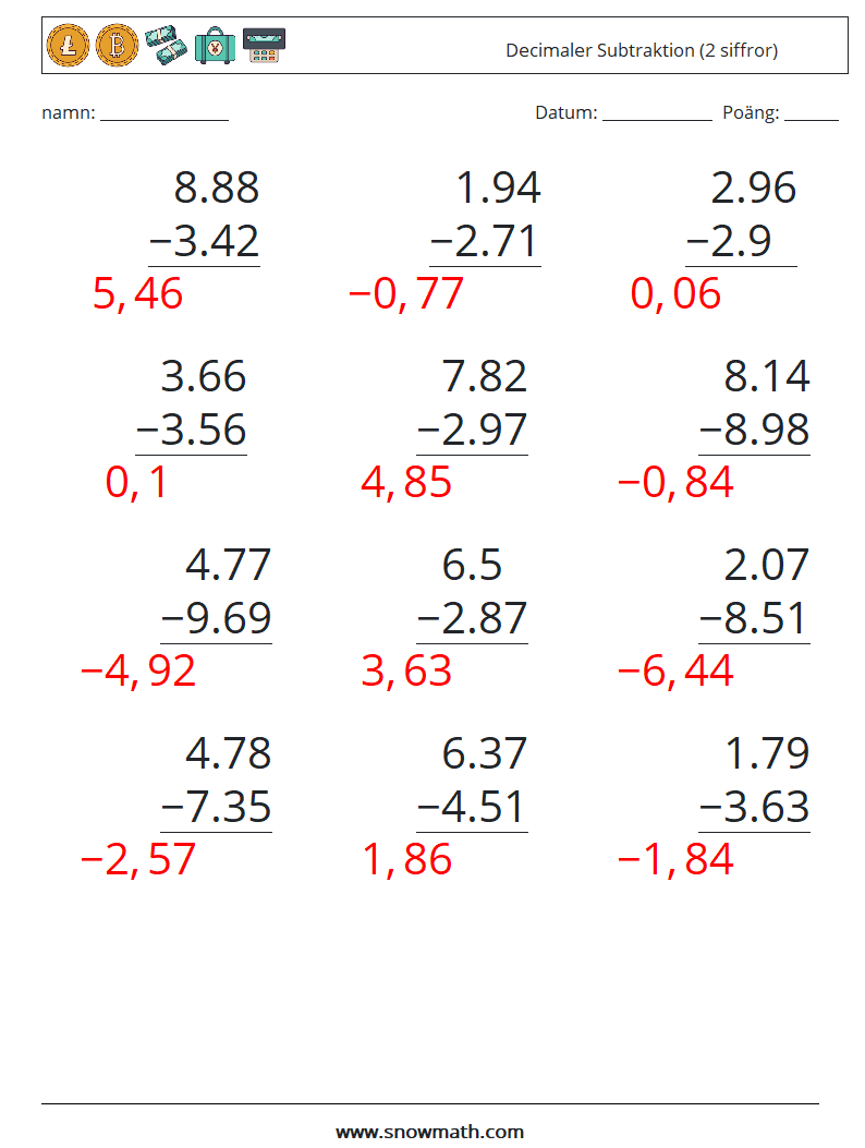 (12) Decimaler Subtraktion (2 siffror) Matematiska arbetsblad 8 Fråga, svar