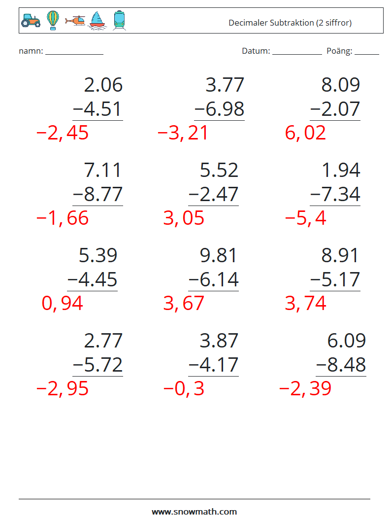 (12) Decimaler Subtraktion (2 siffror) Matematiska arbetsblad 9 Fråga, svar