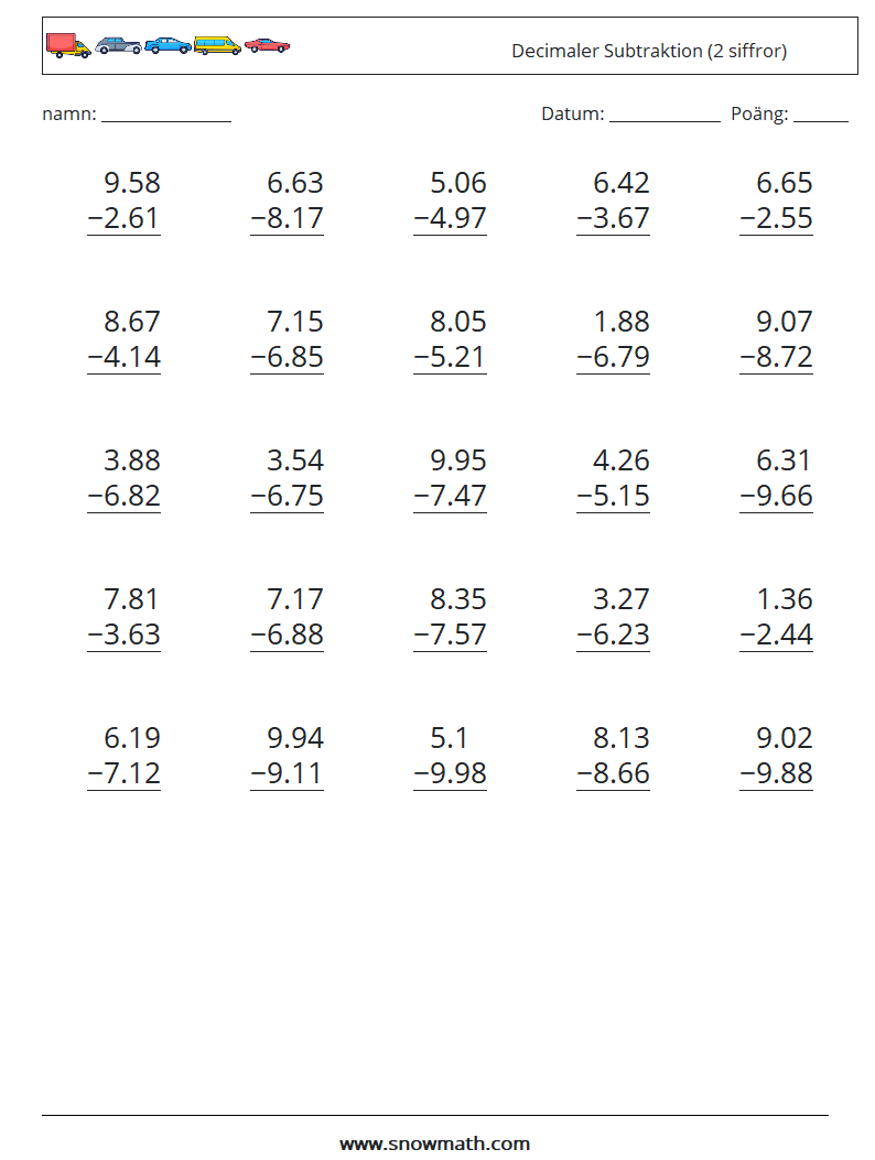 (25) Decimaler Subtraktion (2 siffror) Matematiska arbetsblad 1