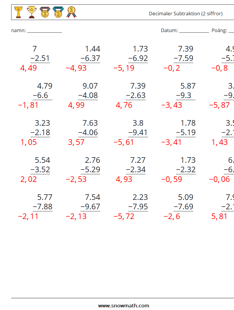 (25) Decimaler Subtraktion (2 siffror) Matematiska arbetsblad 10 Fråga, svar