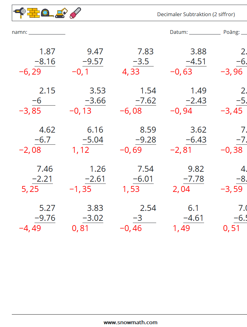 (25) Decimaler Subtraktion (2 siffror) Matematiska arbetsblad 11 Fråga, svar