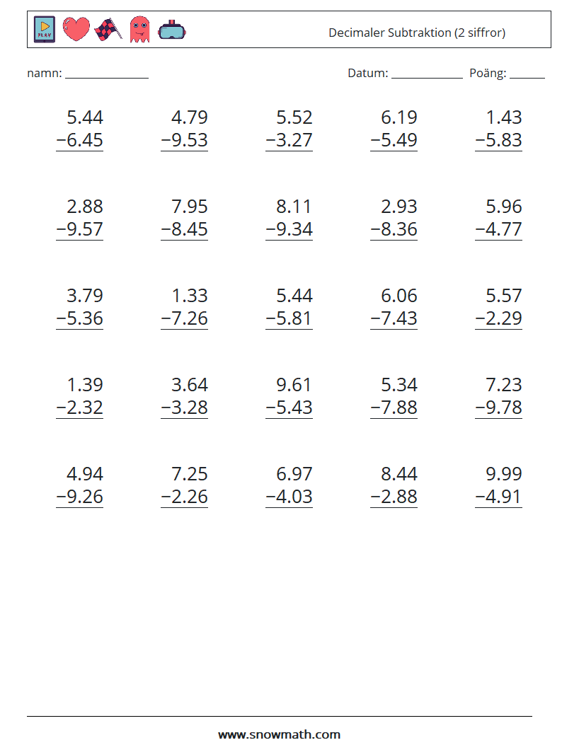 (25) Decimaler Subtraktion (2 siffror) Matematiska arbetsblad 13