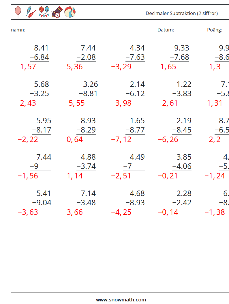 (25) Decimaler Subtraktion (2 siffror) Matematiska arbetsblad 15 Fråga, svar