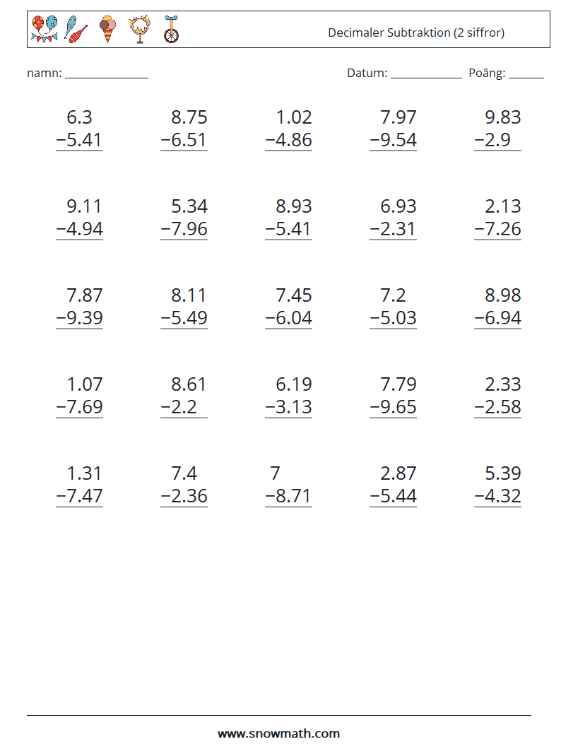 (25) Decimaler Subtraktion (2 siffror) Matematiska arbetsblad 16