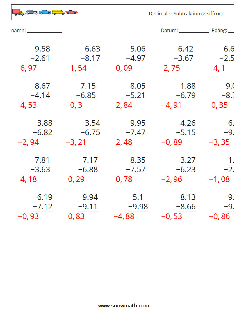 (25) Decimaler Subtraktion (2 siffror) Matematiska arbetsblad 1 Fråga, svar