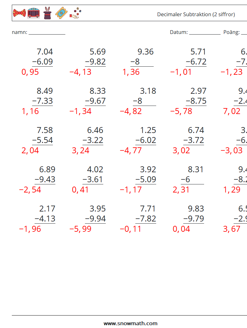 (25) Decimaler Subtraktion (2 siffror) Matematiska arbetsblad 2 Fråga, svar