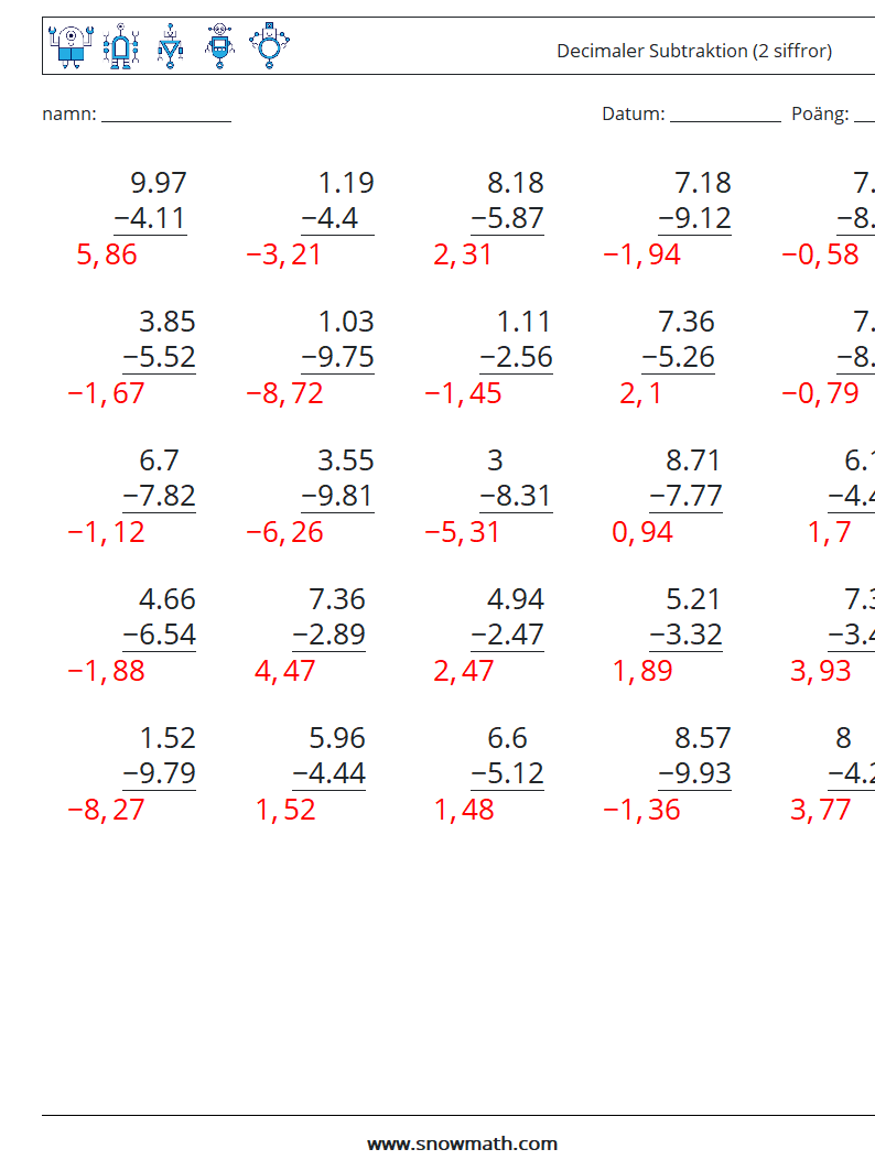 (25) Decimaler Subtraktion (2 siffror) Matematiska arbetsblad 3 Fråga, svar