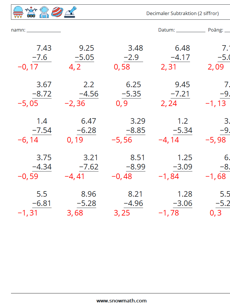 (25) Decimaler Subtraktion (2 siffror) Matematiska arbetsblad 4 Fråga, svar