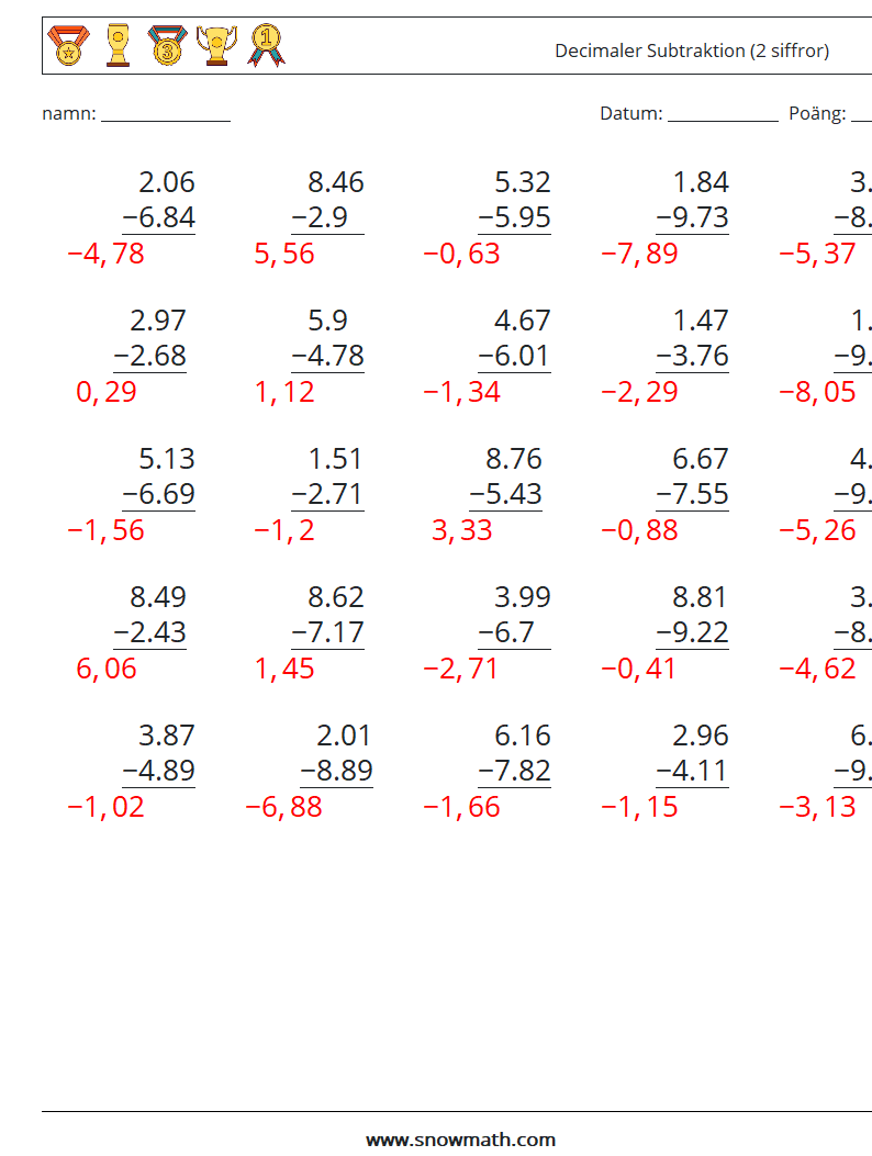 (25) Decimaler Subtraktion (2 siffror) Matematiska arbetsblad 6 Fråga, svar