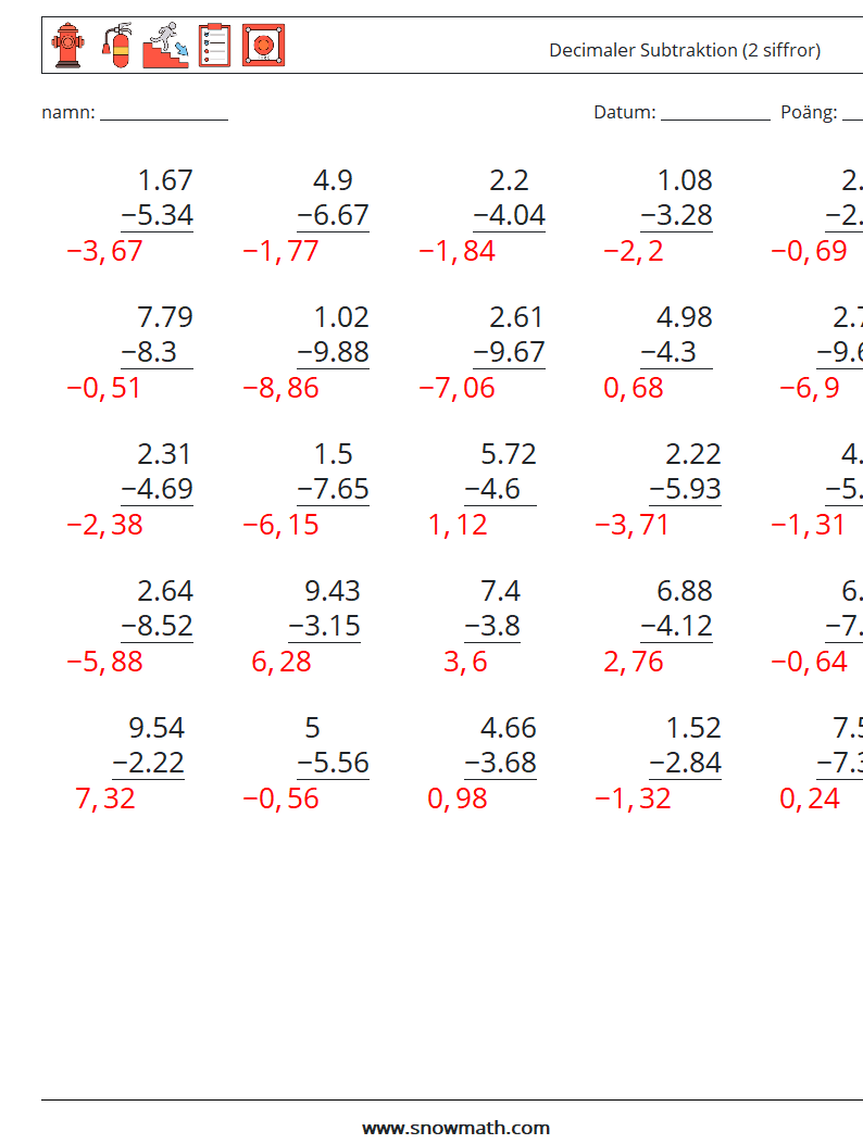 (25) Decimaler Subtraktion (2 siffror) Matematiska arbetsblad 8 Fråga, svar