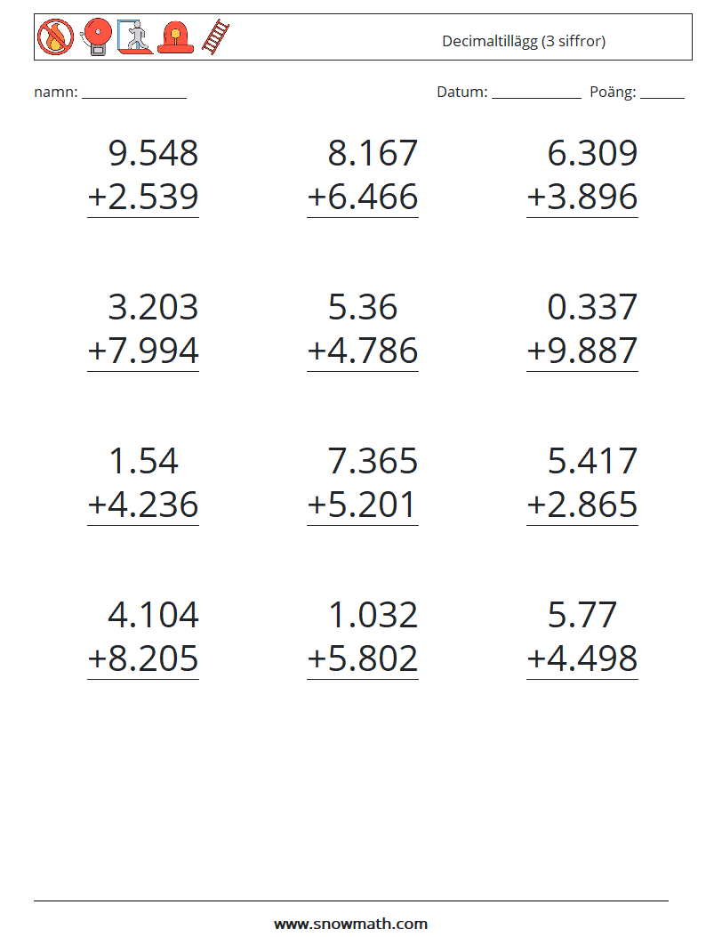 (12) Decimaltillägg (3 siffror) Matematiska arbetsblad 11