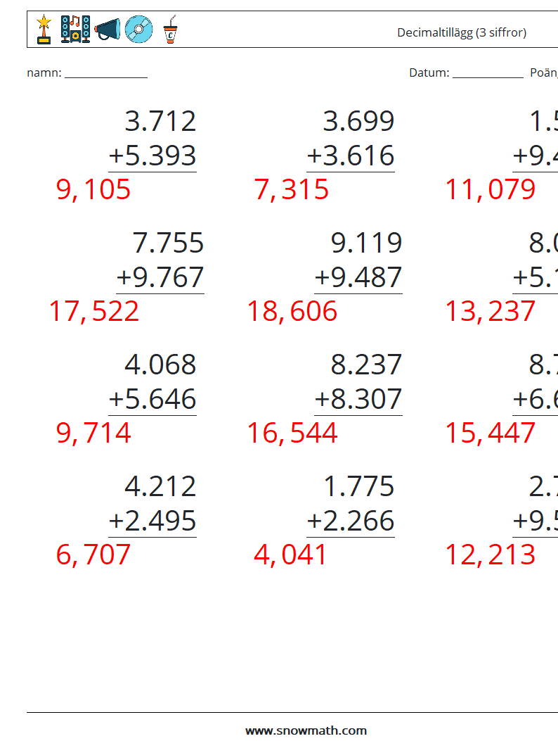 (12) Decimaltillägg (3 siffror) Matematiska arbetsblad 12 Fråga, svar