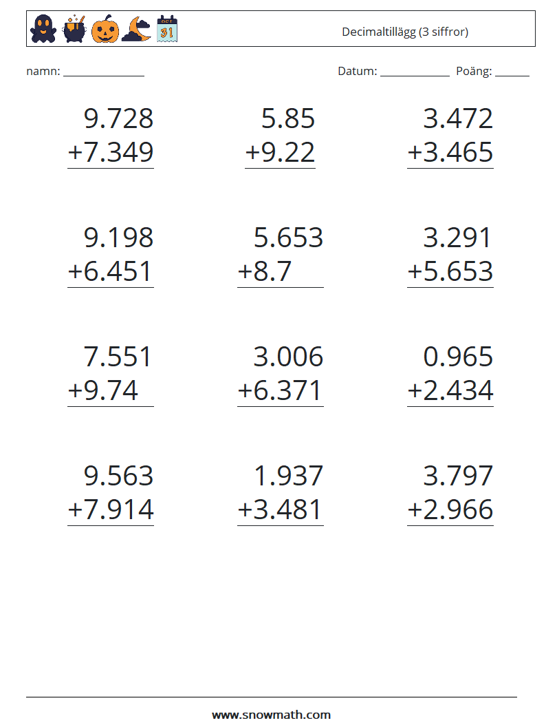 (12) Decimaltillägg (3 siffror) Matematiska arbetsblad 13