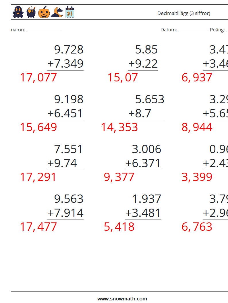 (12) Decimaltillägg (3 siffror) Matematiska arbetsblad 13 Fråga, svar