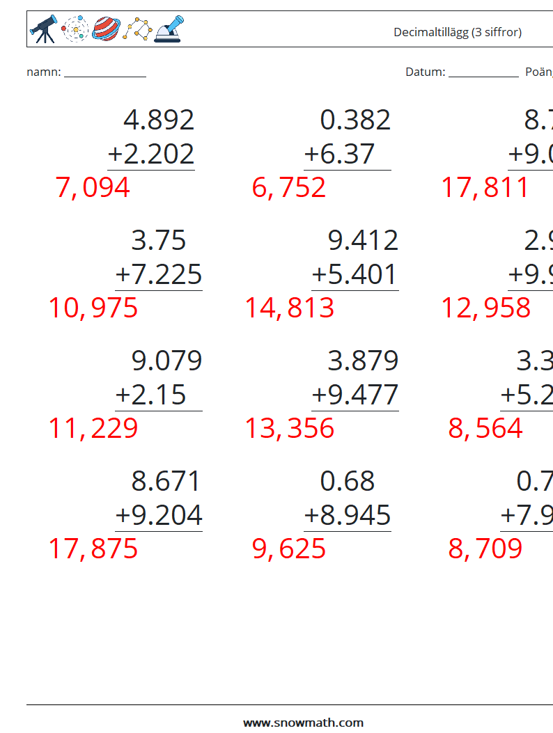 (12) Decimaltillägg (3 siffror) Matematiska arbetsblad 14 Fråga, svar