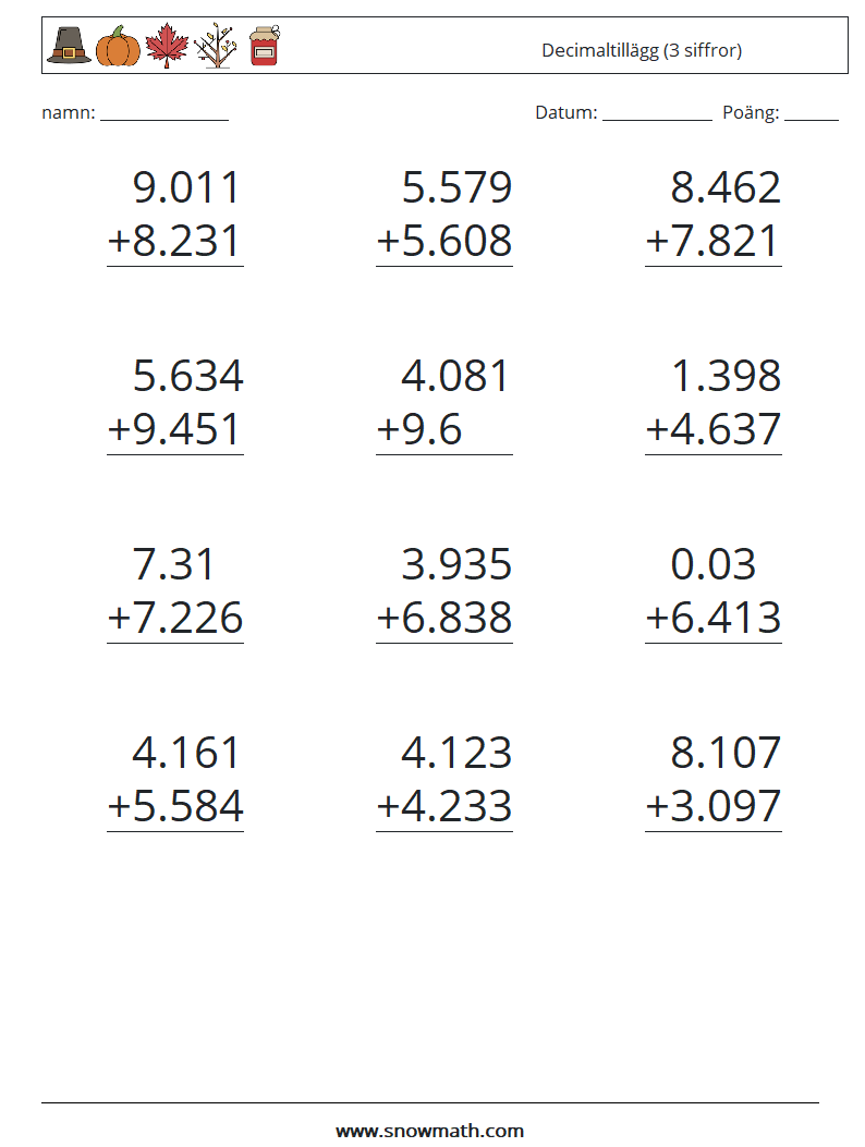(12) Decimaltillägg (3 siffror) Matematiska arbetsblad 16