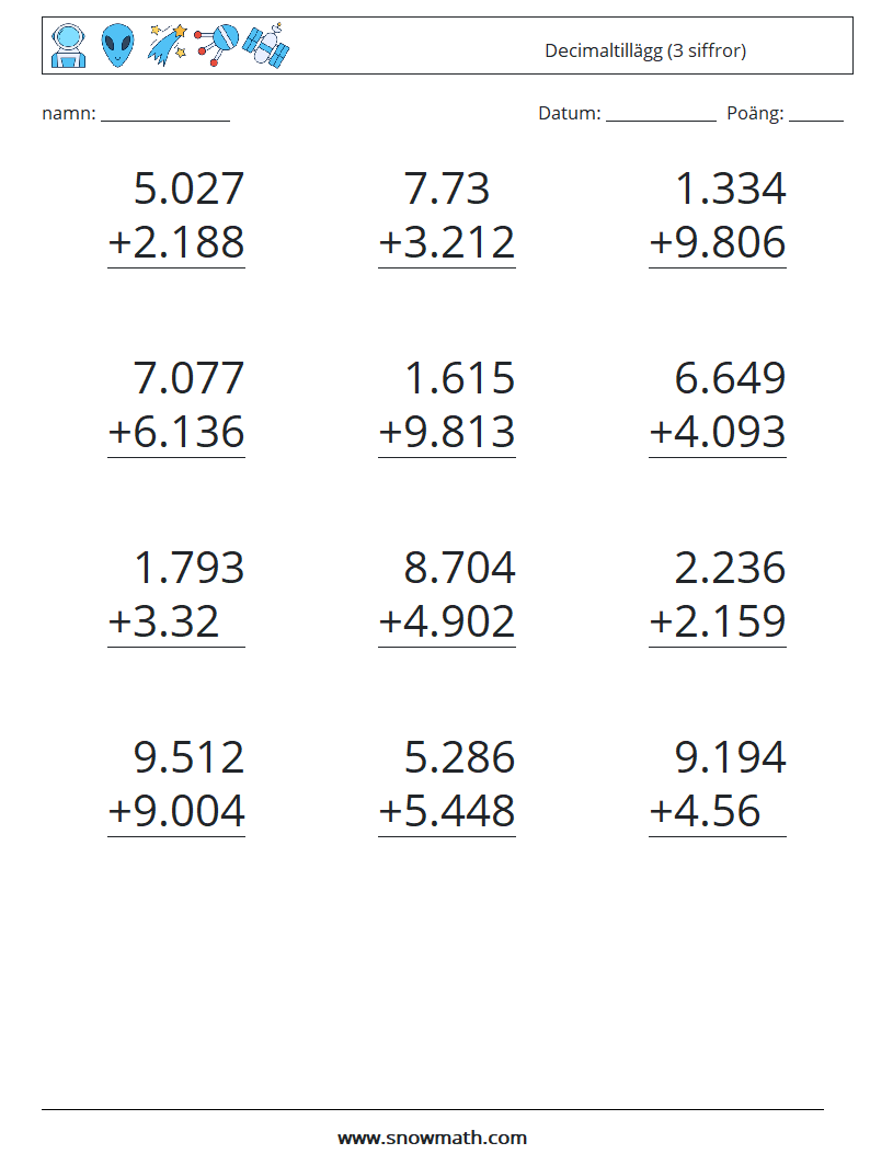 (12) Decimaltillägg (3 siffror) Matematiska arbetsblad 17