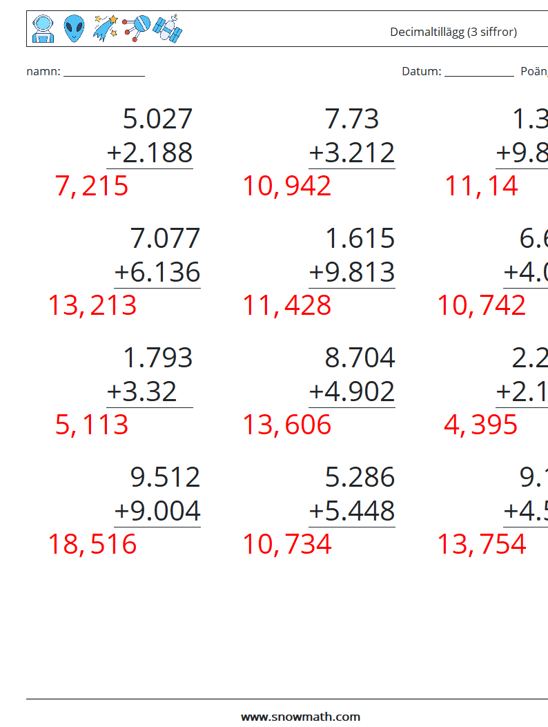 (12) Decimaltillägg (3 siffror) Matematiska arbetsblad 17 Fråga, svar