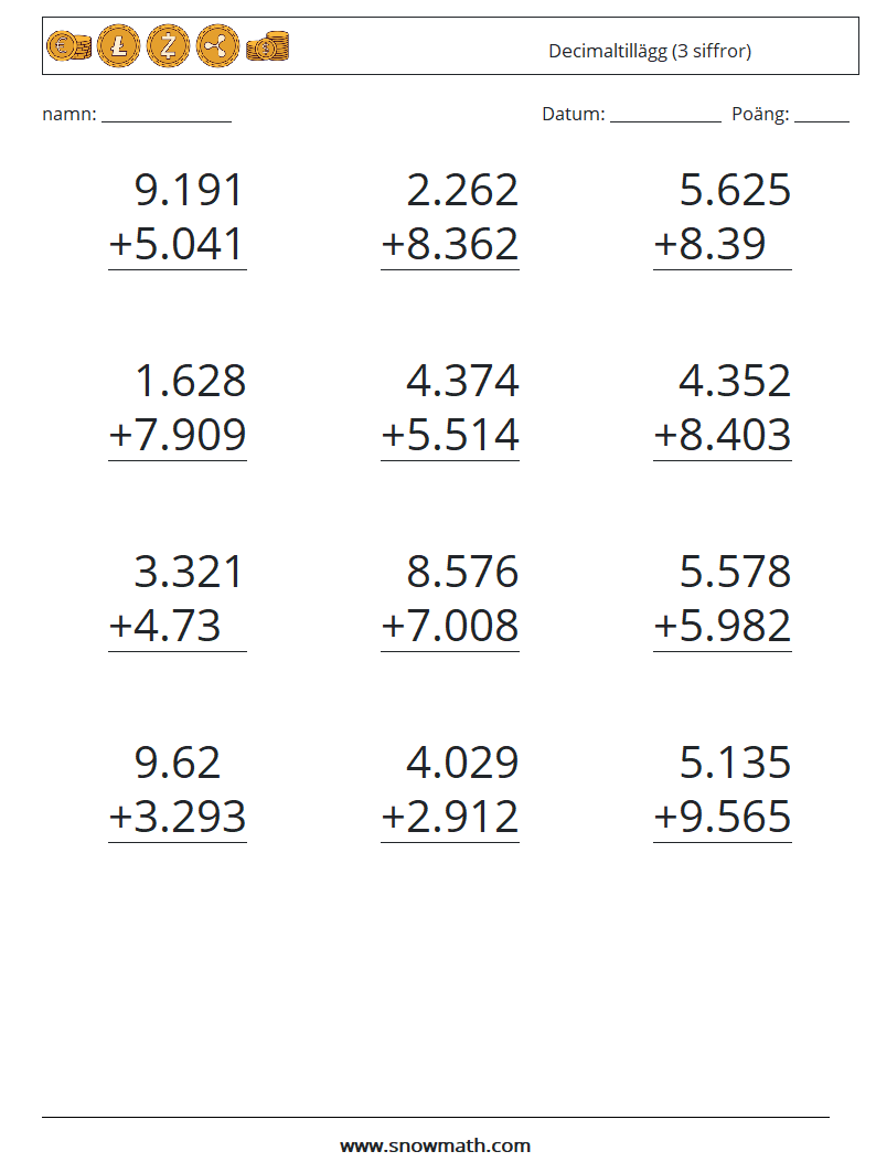 (12) Decimaltillägg (3 siffror) Matematiska arbetsblad 18