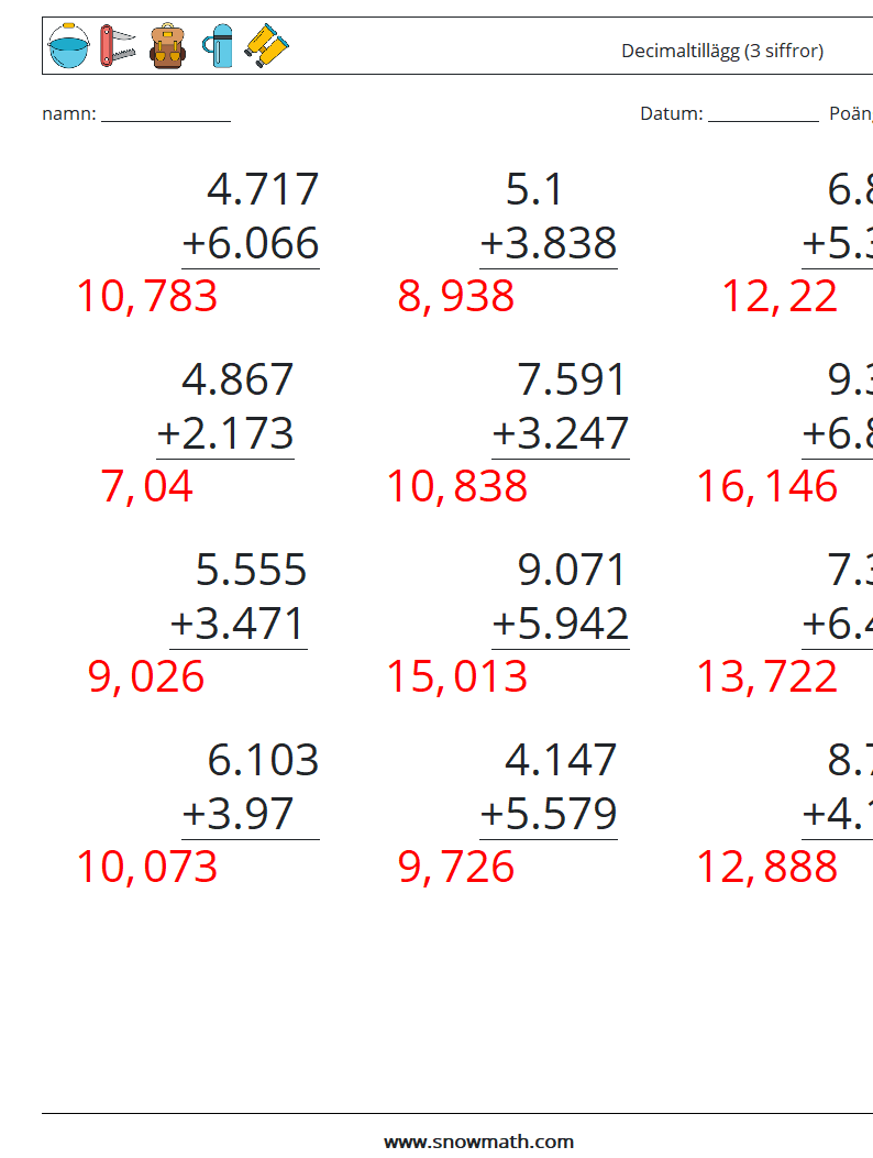 (12) Decimaltillägg (3 siffror) Matematiska arbetsblad 2 Fråga, svar