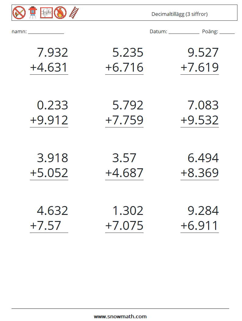 (12) Decimaltillägg (3 siffror) Matematiska arbetsblad 3