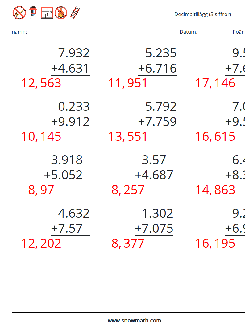 (12) Decimaltillägg (3 siffror) Matematiska arbetsblad 3 Fråga, svar