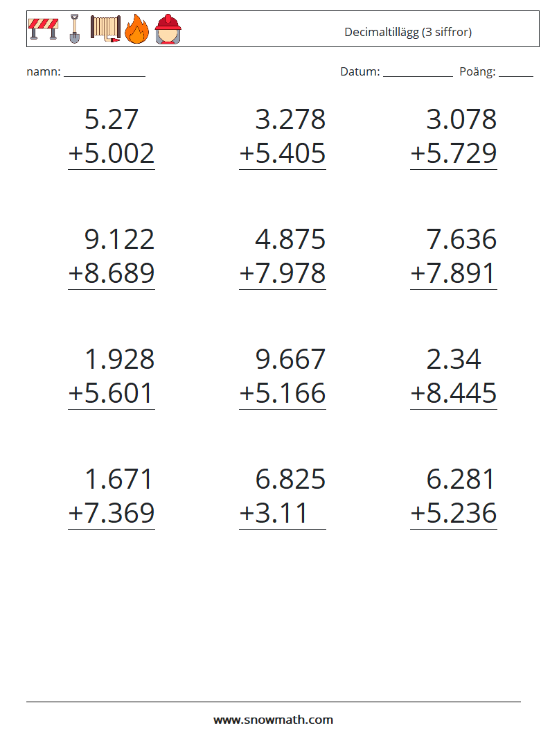 (12) Decimaltillägg (3 siffror) Matematiska arbetsblad 4