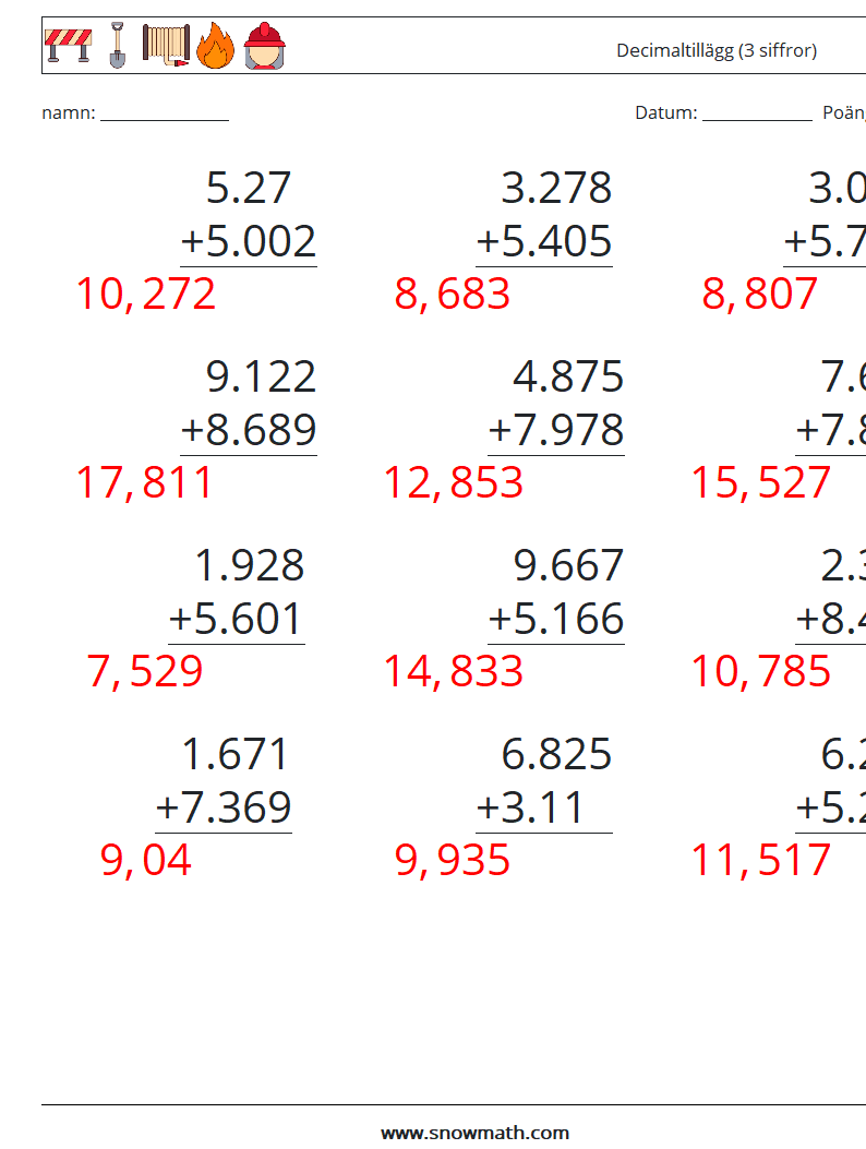 (12) Decimaltillägg (3 siffror) Matematiska arbetsblad 4 Fråga, svar