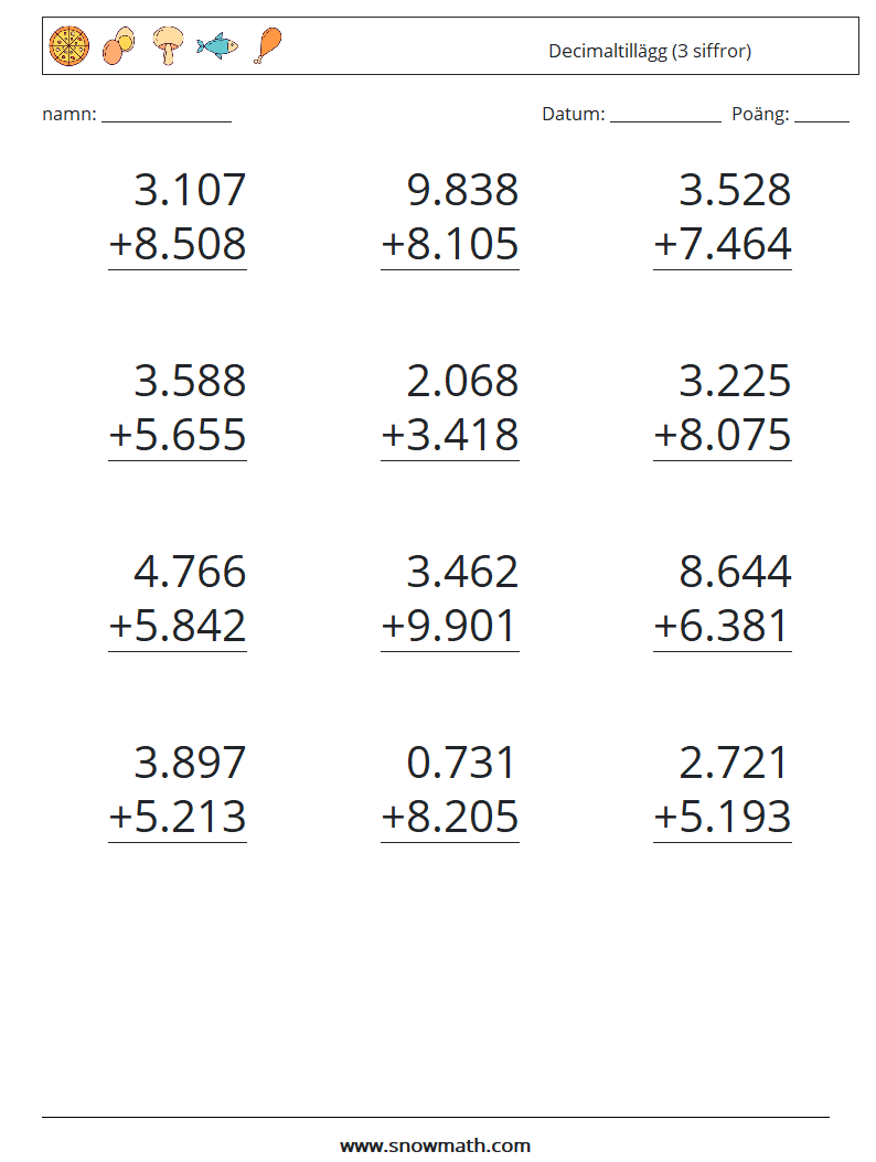 (12) Decimaltillägg (3 siffror) Matematiska arbetsblad 7