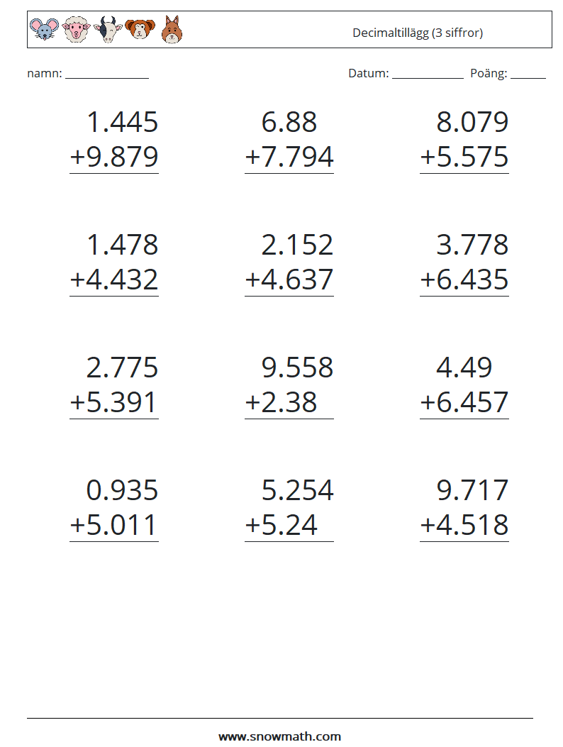 (12) Decimaltillägg (3 siffror) Matematiska arbetsblad 8