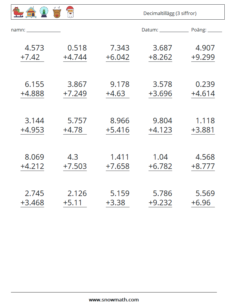 (25) Decimaltillägg (3 siffror) Matematiska arbetsblad 10