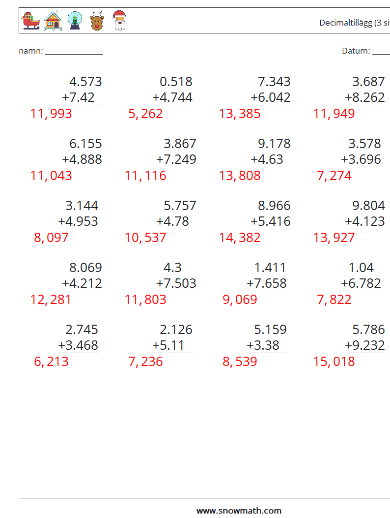 (25) Decimaltillägg (3 siffror) Matematiska arbetsblad 10 Fråga, svar