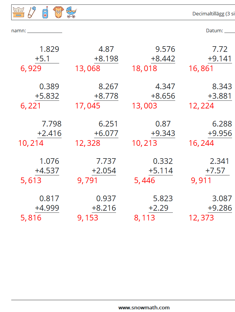 (25) Decimaltillägg (3 siffror) Matematiska arbetsblad 16 Fråga, svar