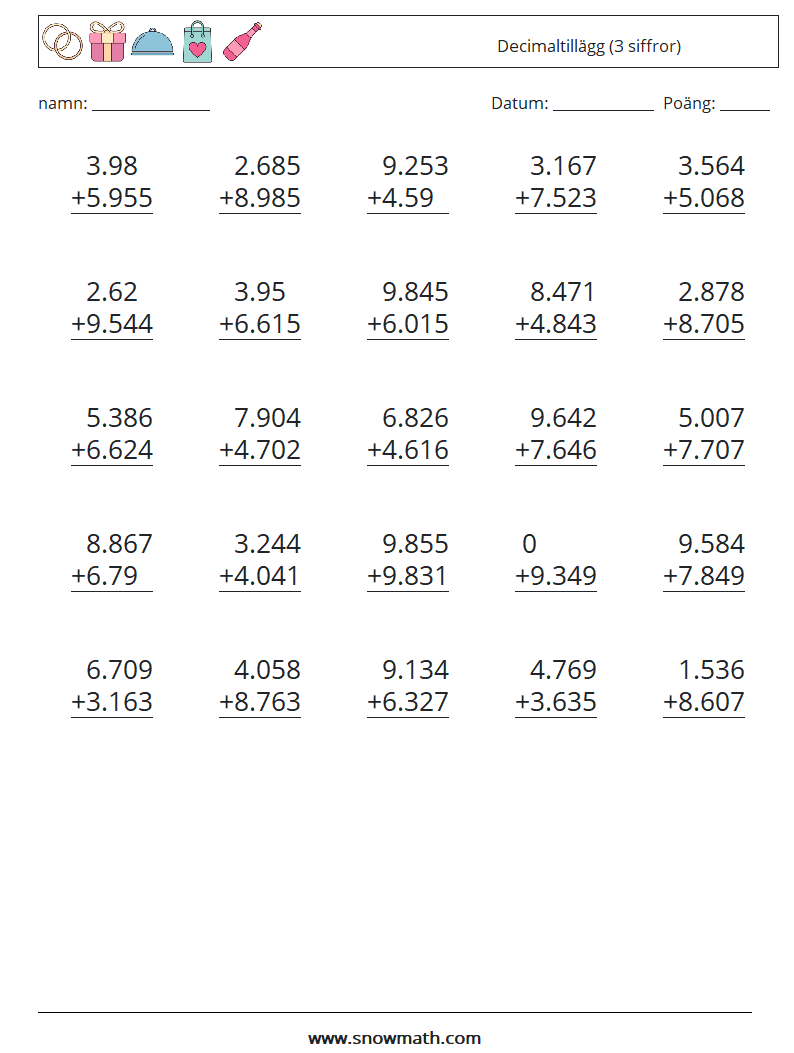 (25) Decimaltillägg (3 siffror) Matematiska arbetsblad 17